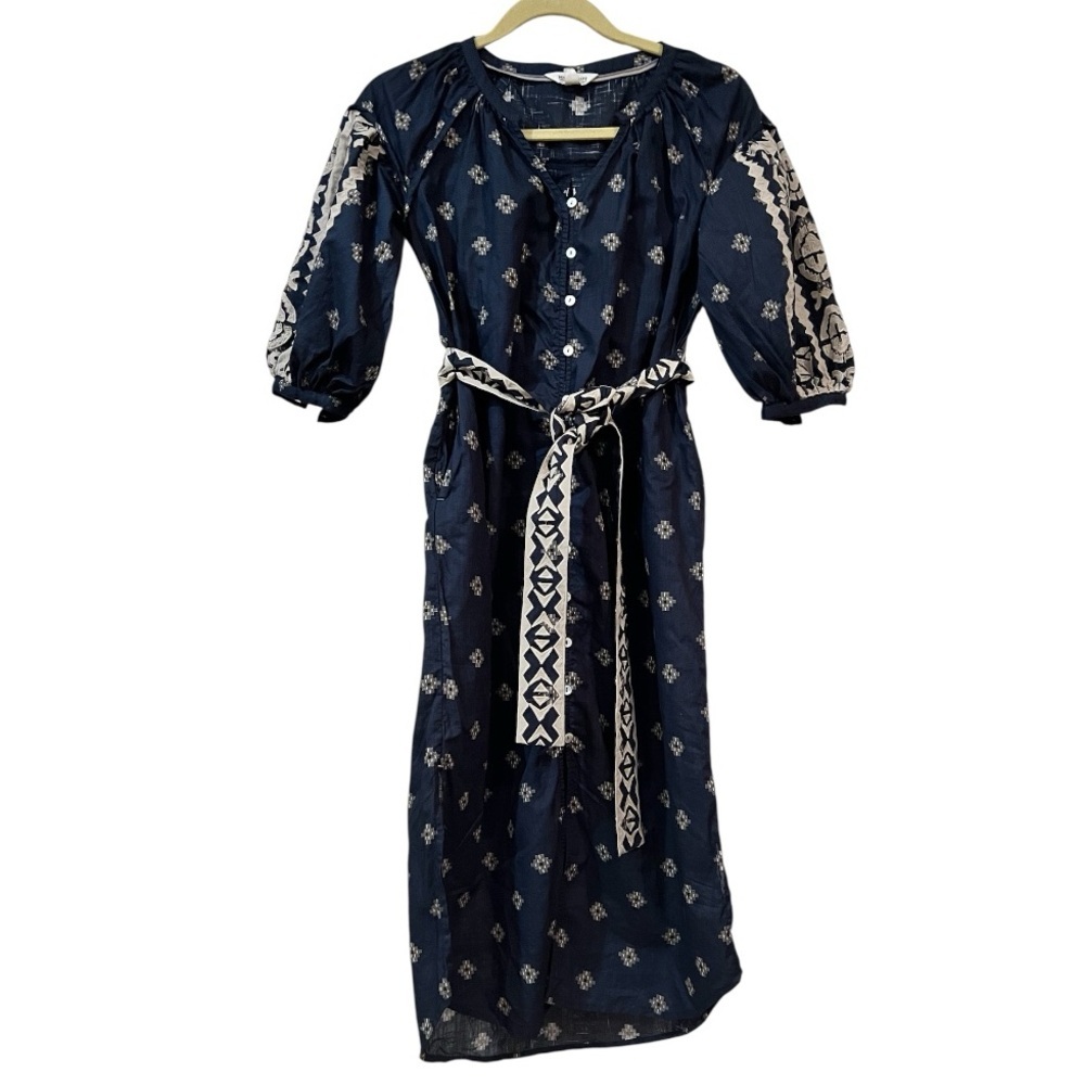 WHITE STUFF Embroidered blue midi dress short sleeves button front belted size 6